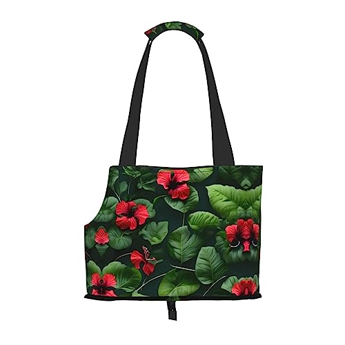 Faltbare Hundetragetasche, Motiv: Vegetationsblätter mit Hibiskusblüten, geeignet für kleine Hunde und Katzen für Outdoor-Reisen von PIXOLE