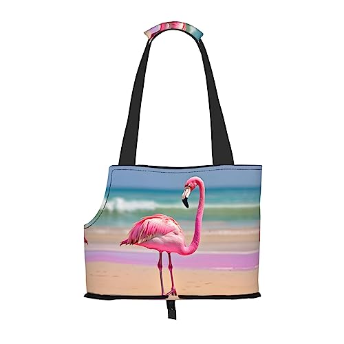 Faltbare Hundetragetasche mit Flamingo-Motiv am Strand, geeignet für kleine Hunde und Katzen, für Outdoor-Reisen, 1 Stück von PIXOLE