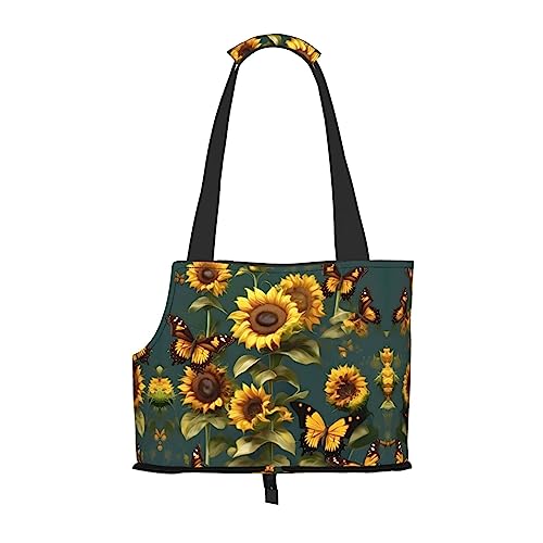 Faltbare Hundetragetasche mit Sonnenblumen- und Schmetterlings-Aufdruck, geeignet für kleine Hunde und Katzen für Outdoor-Reisen von PIXOLE