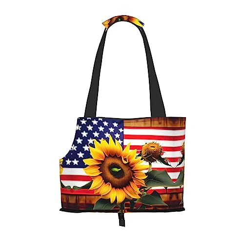 Faltbare Hundetragetasche mit Sonnenblumen- und amerikanischer Flagge, geeignet für kleine Hunde und Katzen für Outdoor-Reisen von PIXOLE