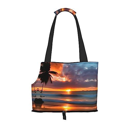Faltbare Hundetragetasche mit Sonnenuntergang und Strand, geeignet für kleine Hunde und Katzen für Outdoor-Reisen von PIXOLE