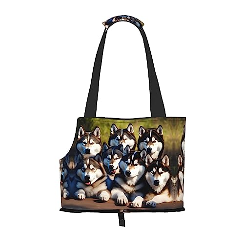 Faltbare Hundetragetasche mit niedlichem Huskys-Aufdruck, geeignet für kleine Hunde und Katzen für Outdoor-Reisen von PIXOLE