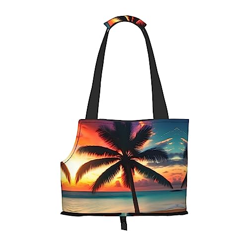 Faltbare Hundetragetasche mit tropischem Strand, Palme und Sonnenuntergang, geeignet für kleine Hunde und Katzen für Outdoor-Reisen von PIXOLE