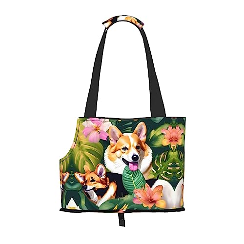 Faltbare Hundetragetasche mit tropischen Blumen und Corgi-Druck, geeignet für kleine Hunde und Katzen für Outdoor-Reisen von PIXOLE