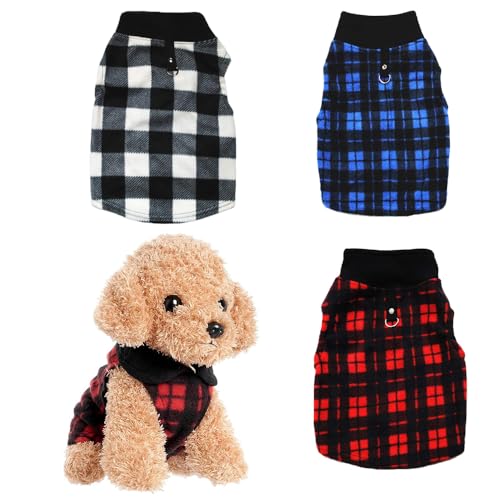 PIXRIY Hundepullover, weiche Fleece-Weste mit Ring für die Leine, 3-teilig, Winterkleidung für Welpen, kleine Hunde, Katzen, Teddy, Chihuahua, Yorkshire, kariert, Größe XS von PIXRIY