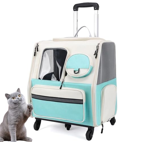 PJDDP 2IN1 Rucksack Trolley, Klappbarer Haustiertrage-Rucksack, Katzenrucksack Reisetasche Mit Rollen, Atmungsaktive Haustier-Reisetrage Für Katzen Und Welpen,Grün von PJDDP