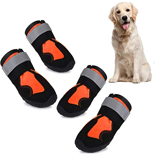Hundeschuhe Pfotenschutz Wasserdicht Schuhe rutschfeste Schuhe Hundeschnee Stiefel Mit Wwei Reflektierenden Riemen Und Anti-Rutsch Sole Passend, 4 Stück,Orange,2 von PJDDP
