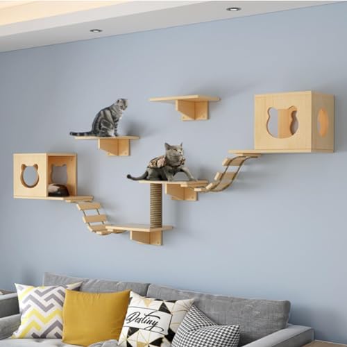 Katzen-Wandleiter-Set, Katzen-Wandmöbel, Katzen-Wandregal Und Wandsitzstange, 6 Katzensitzstangen, Inklusive 2 Brückenleitern, 1 Sisal-Katzenkratzbaum von PJDDP