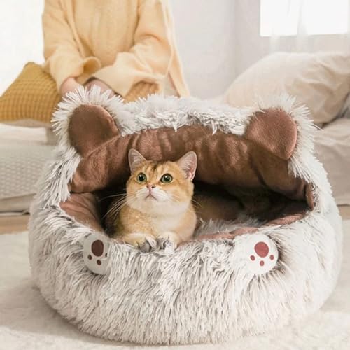 Katzenbett für Wohnungskatzen, beruhigende Hundebetten und Katzenhöhlenbett, rundes, Flauschiges Katzenbett mit Kapuze, beruhigendes Haustierbett von PJDDP