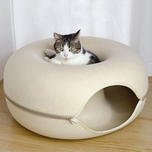 Katzenhöhle für Hauskatzen, Katzentunnel, Bett, Katzen-Donut-Tunnel, multifunktionales Katzenrohr, Abnehmbarer runder Katzenfilz und waschbarer Innen-Katzenspieltunnel,Khaki,L von PJDDP