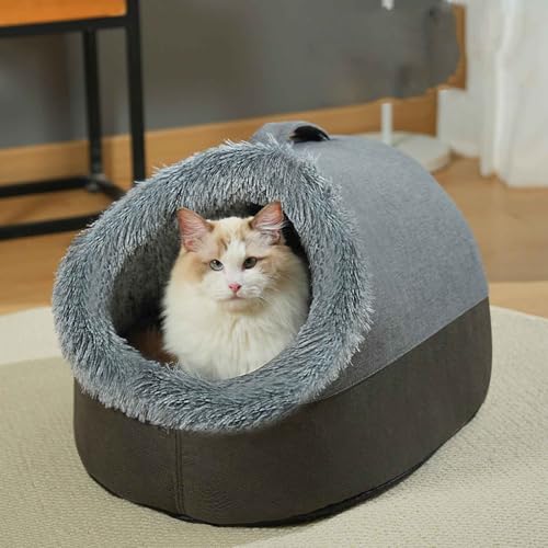 Katzenhöhlenbett, Katzenbetten Für Hauskatzen, Katzenhaus Mit Waschbaren Kissen, Halbgeschlossenes Schlafnest Aus Plüsch, Hundehütte Für Welpen Und Kleine Hunde,Grau,L von PJDDP