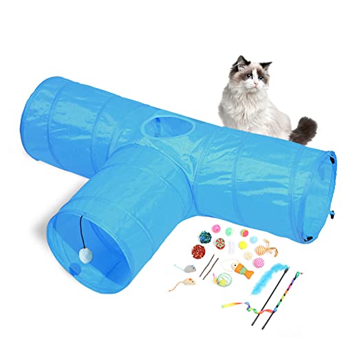 Katzentunnel mit Spielball, 3-Wege-zusammenklappbares interaktives Guckloch-Spielzeug für Hauskatzen, tragbare Spieltunnel für Welpen, Kätzchen, Kaninchen,Blue + Toy von PJDDP