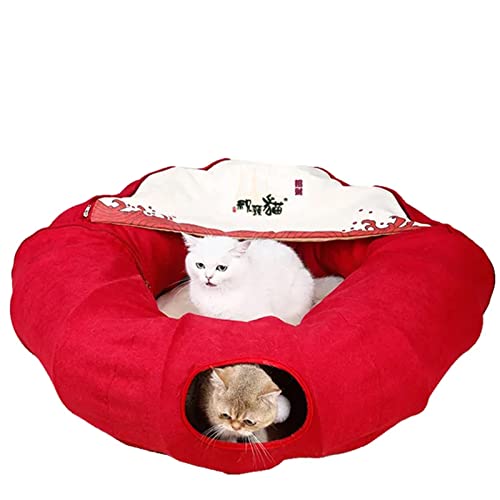 Katzentunnelbett, 2-in-1-Haustierhöhlenbett für den Innenbereich mit hängenden Bällen, zusammenklappbarer runder Katzentunnel mit Abnehmbarer waschbarer Matte, Katzenspielröhre,Rot von PJDDP