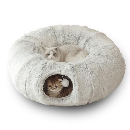 Katzentunnelbett, Indoor-Katzenversteck, Katzen-Donut-Tunnel, Loch im mittleren Winter, Plüsch-Katzentunnel mit Bett, S-förmiges, Flauschiges Katzenhöhlenrohr,Grau von PJDDP