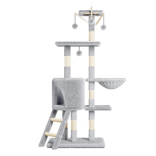 PJDDP Kratzbaum, 52,4 Zoll Großer Katzenturm Für Wohnungskatzen, Katzenhausmöbel Mit Gepolsterter Plüschsitzstange, Gemütlicher Hängematte Und Sisal-Kratzbäumen,Light Grey PJDDP Kratzbaum, 52,4 Zoll Großer Katzenturm Für Wohnungskatzen, Katzenhausmöbel Mit Gepolsterter Plüschsitzstange, Gemütlicher Hängematte Und Sisal-Kratzbäumen,Light Grey von PJDDP