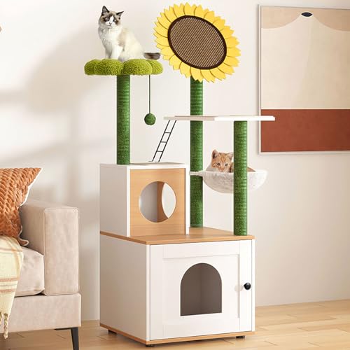 PJDDP Kratzbaum Mit Katzentoilette, 2-In-1-Katzenmöbel Für Den Innenbereich Mit Plattform Und Katzenwohnung, Multifunktionaler Katzenturm Mit Katzenkratzpad, Lustiger Katzenball, Katzenkratzbaum,Weiß PJDDP Kratzbaum Mit Katzentoilette, 2-In-1-Katzenmöbel Für Den Innenbereich Mit Plattform Und Katzenwohnung, Multifunktionaler Katzenturm Mit Katzenkratzpad, Lustiger Katzenball, Katzenkratzbaum,Weiß von PJDDP