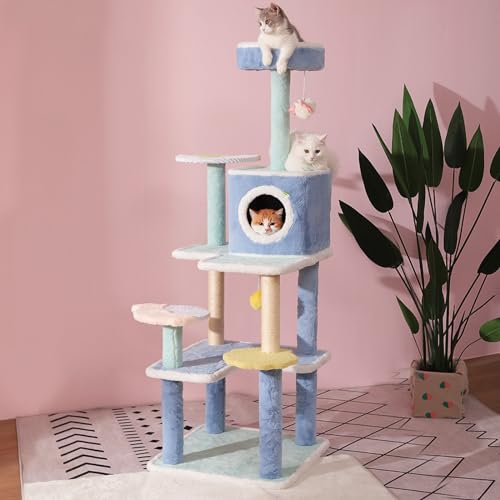 PJDDP Kratzbaumturm, 61-Zoll-Katzenturm Mit Mehreren Ebenen Mit Katzenwohnung, Sisal-Kratzbäumen, Wolkenplattformen, Baumelndem Spielzeug, Niedlicher Blaugrüner Kratzbaum Für Zimmerkatzen PJDDP Kratzbaumturm, 61-Zoll-Katzenturm Mit Mehreren Ebenen Mit Katzenwohnung, Sisal-Kratzbäumen, Wolkenplattformen, Baumelndem Spielzeug, Niedlicher Blaugrüner Kratzbaum Für Zimmerkatzen von PJDDP