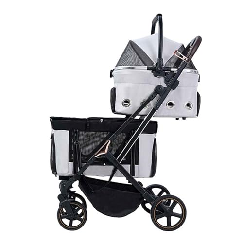 PJDDP 2 Etagen Hundewagen, 3 in 1 Hundewagen, Faltbarer Doppelter Hundebuggy Mit Bremsen, 360° Drehbare Räder Für Kleine Hunde & Katz,Weiß von PJDDP