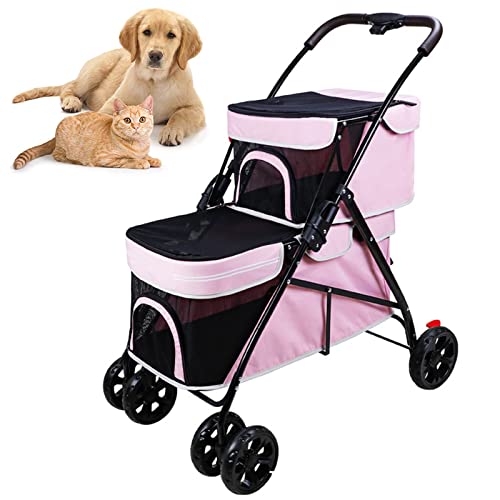 PJDDP 2 Etagen Hundewagen Haustiere Buggy Hundebuggy Hundebox Transporttasche Katzenbuggy Katzenwagen Haustier Kinderwagen Mit Netzfenstern Für 2 Kleine Hunde Katzen Mit 4 Rädern,Rosa von PJDDP