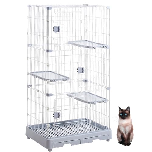 PJDDP 3-Stufiger Katzenkäfig, Katzenkäfig, Zwinger, Katzenlaufstall Mit Feststellbaren Rollen, Gitter, Herausziehbares Tablett Für Eichhörnchen/Meerschweinchen/Hase/Katze/Kaninchen, 132,9 cm,Grau von PJDDP