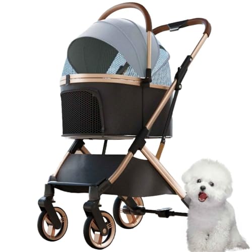 PJDDP 3 in 1 Haustier-Kinderwagen, Hundebuggy Bis 25Kg, Zusammenklappbarer Hundebuggy Mit 4 Rädern Mit Aufbewahrungskorb Für Kleine Und Mittelgroße Katze Hund,Grau von PJDDP