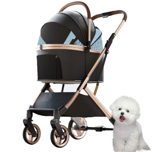 PJDDP 3 in 1 Haustier-Kinderwagen, Hundebuggy Bis 25Kg, Zusammenklappbarer Hundebuggy Mit 4 Rädern Mit Aufbewahrungskorb Für Kleine Und Mittelgroße Katze Hund,Schwarz von PJDDP