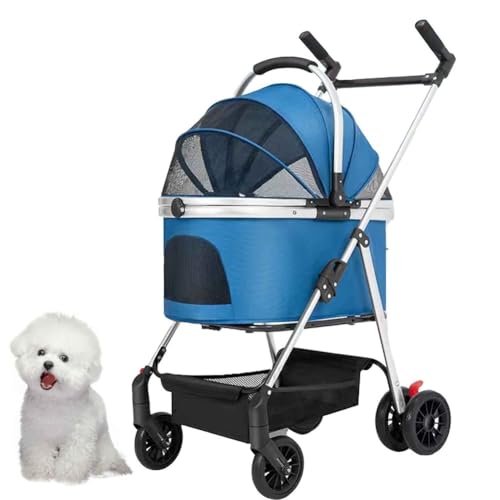 PJDDP 3 in 1 Hundetrolley, Faltbarer Hundebuggy, Hundewagen Katzenwagen Mit Aufbewahrungskorb Und Sicherheitsleine Für Kleine Bis Mittlere Hunde,Blau von PJDDP