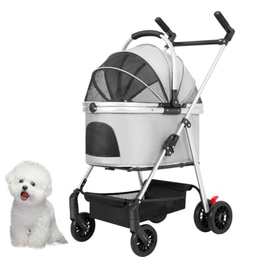 PJDDP 3 in 1 Hundetrolley, Faltbarer Hundebuggy, Hundewagen Katzenwagen Mit Aufbewahrungskorb Und Sicherheitsleine Für Kleine Bis Mittlere Hunde,Grau von PJDDP