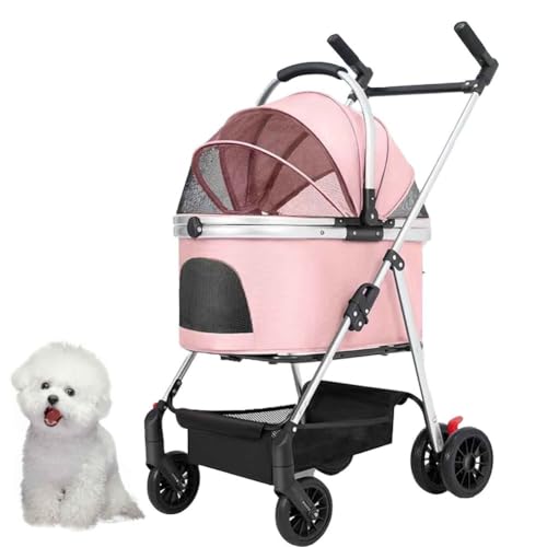 PJDDP 3 in 1 Hundetrolley, Faltbarer Hundebuggy, Hundewagen Katzenwagen Mit Aufbewahrungskorb Und Sicherheitsleine Für Kleine Bis Mittlere Hunde,Rosa von PJDDP