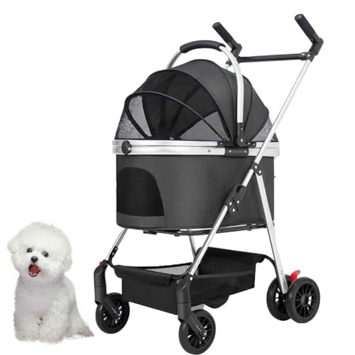 PJDDP 3 in 1 Hundetrolley, Faltbarer Hundebuggy, Hundewagen Katzenwagen Mit Aufbewahrungskorb Und Sicherheitsleine Für Kleine Bis Mittlere Hunde,Schwarz von PJDDP