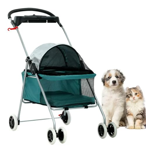 PJDDP 4 Räder Haustier-Kinderwagen, Hunde-Kinderwagen, Katzenkäfig-Jogger-Kinderwagen, Katzen-Reise-Klappträger, Wasserdichter Welpen-Kinderwagen Mit Getränkehalter,Grün von PJDDP