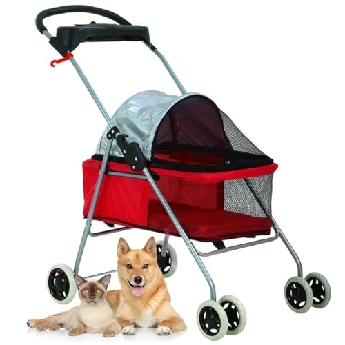 PJDDP 4 Räder Haustier-Kinderwagen, Hunde-Kinderwagen, Katzenkäfig-Jogger-Kinderwagen, Katzen-Reise-Klappträger, Wasserdichter Welpen-Kinderwagen Mit Getränkehalter,Rot von PJDDP