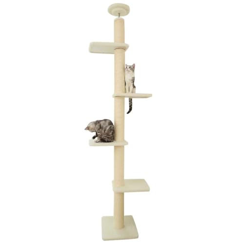 PJDDP Deckenspanner Kratzbaum, Kratzbaum Schmal, 5-Stufiger Katzenturm, Höhenverstellbar (261-270Cm), Katzenturm Aus Sisal, Für Katzen Zum Klettern, Kratzen,Beige von PJDDP