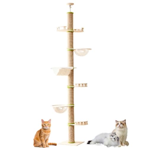 PJDDP Deckenspanner Kratzbaum Artgerecht, Kratzbaum Schmal, 5-Stöckiges Katzenkletter, Höhenverstellbar (260–285Cm), Für Katzen Zum Klettern, Kratzen, Ausschau Halten Und Spielen von PJDDP
