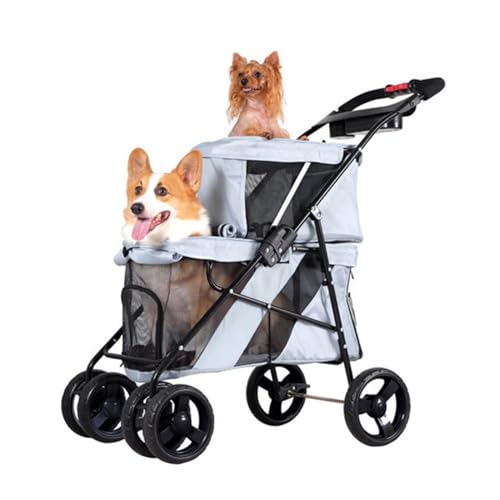 PJDDP Doppelter Hunde-Kinderwagen Für Kleine Hunde Und Mittelgroße Hunde Und Katzen – Doppelter Haustier-Kinderwagen, Leicht Und Faltbar Mit Netzfenstern,Grau von PJDDP