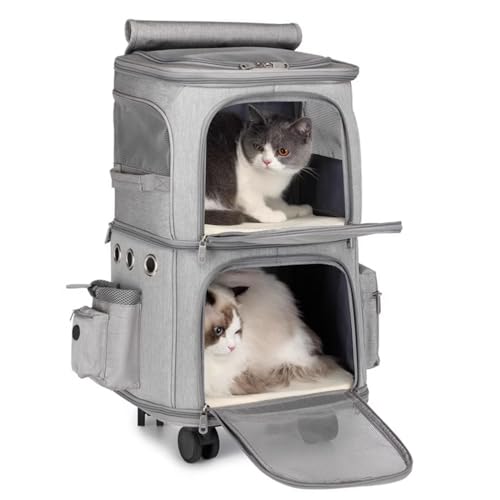 PJDDP Double Pet Carrier Auf Rädern, Katzenrucksack Mit Abnehmbaren Rädern,Zusammenklappbarer Rollender Katzen-Reisekoffer Für 2 Katzen,Atmungsaktive Und Faltbare Welpen Reisetasche,Grau von PJDDP