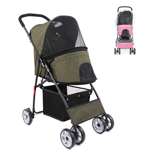 PJDDP Faltbarer Haustier-Kinderwagen Mit Aufbewahrungskorb Und Regenschutz, Haustierwagen Mit Vier Rädern Für Katzen Und Hunde, Schnelle Installation, Geeignet Für Reisen,Army Green von PJDDP