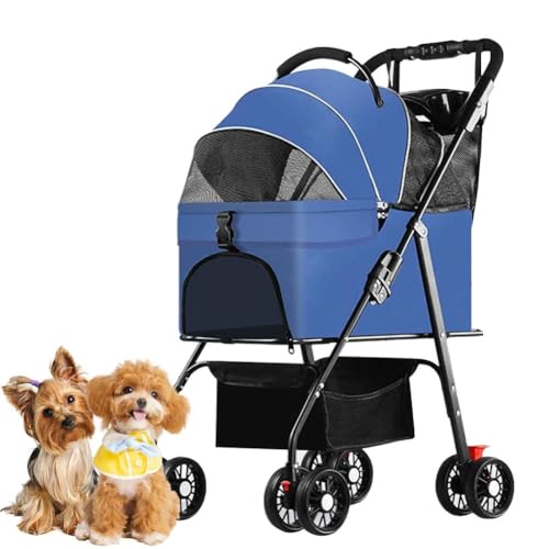 PJDDP Faltbarer Katzen-Hunde-Kinderwagen, Haustier-Hunde-Kinderwagen Mit Aufbewahrungskorb, Hundebuggy Mit Sicherheitsleine, Bis 15KG,Blau von PJDDP