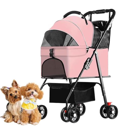 PJDDP Faltbarer Katzen-Hunde-Kinderwagen, Haustier-Hunde-Kinderwagen Mit Aufbewahrungskorb, Hundebuggy Mit Sicherheitsleine, Bis 15KG,Rosa von PJDDP