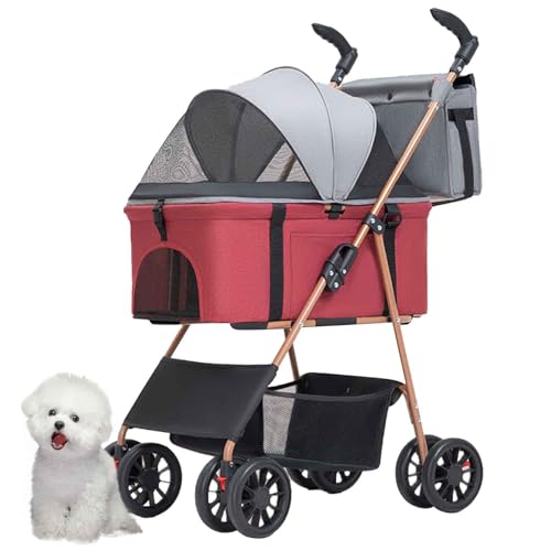 PJDDP Faltbarer Katzen-Hunde-Kinderwagen, Haustier-Hunde-Kinderwagen Mit Aufbewahrungskorb, Hundewagen 3 In1 Mit Regenschutz, Aufbewahrungskorb,Rot von PJDDP