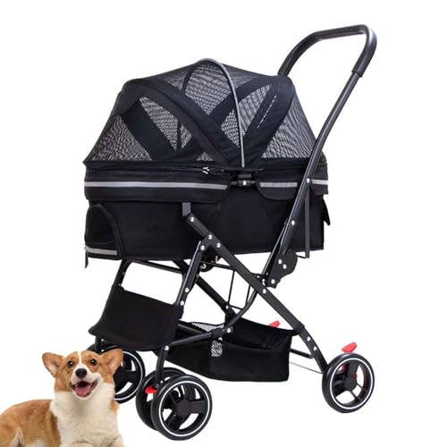 PJDDP Geländegängiger 4-Rad-Welpenkinderwagen, Hundebuggy, Katzenbuggy Mit Reflektoren, Faltbarer Hundewagen Mit Aufbewahrungskorb, Hundetrolley Für Kleine Und Mittle Hunde,Schwarz PJDDP Geländegängiger 4-Rad-Welpenkinderwagen, Hundebuggy, Katzenbuggy Mit Reflektoren, Faltbarer Hundewagen Mit Aufbewahrungskorb, Hundetrolley Für Kleine Und Mittle Hunde,Schwarz von PJDDP