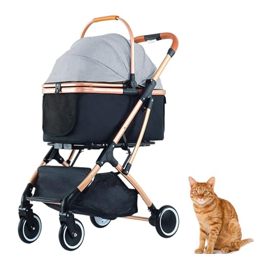 PJDDP Haustier-Kinderwagen, 3-In-1, Zusammenklappbar, Leicht, Mit Abnehmbarer Tragetasche Und Aufbewahrungskorb, Premium-Reisewagen Mit 4 Rädern Für Welpen, Hunde, Kätzchen,Grau von PJDDP