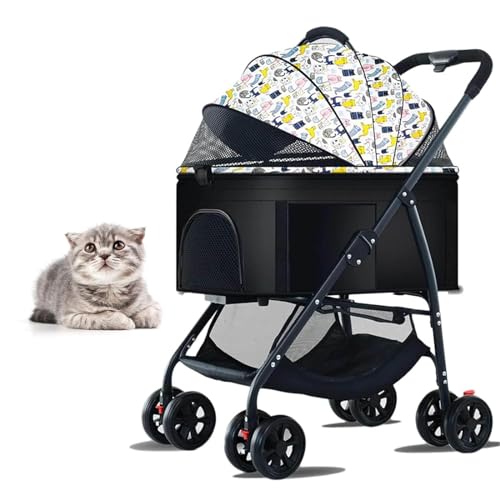 PJDDP Haustier-Kinderwagen, 3-In-1-Multifunktions-Haustier-Reisesystem, 4-Rad-Faltbarer Haustier-Kinderwagen Mit Aufbewahrungskorb Für Kleine, Mittelgroße Hunde Und Katzen,Weiß von PJDDP