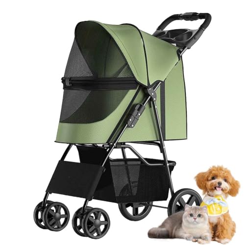 PJDDP Haustier-Kinderwagen, Faltbarer Katzen-Hunde-Kinderwagen, Haustier-Hunde-Kinderwagen Mit Aufbewahrungskorb, Für Kleine Katze Hund,Grün von PJDDP