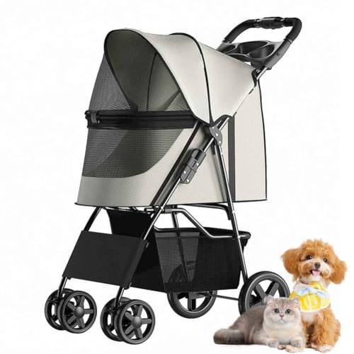 PJDDP Haustier-Kinderwagen, Faltbarer Katzen-Hunde-Kinderwagen, Haustier-Hunde-Kinderwagen Mit Aufbewahrungskorb, Für Kleine Katze Hund,Weiß von PJDDP