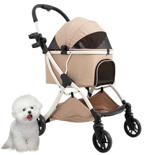 PJDDP Haustier-Kinderwagen, Faltbarer Katzen-Hunde-Kinderwagen, Hundewagen Für Kleine Hunde Mit Aufbewahrungskorb, Sicherheitsleinen, Bis 10Kg,Braun von PJDDP