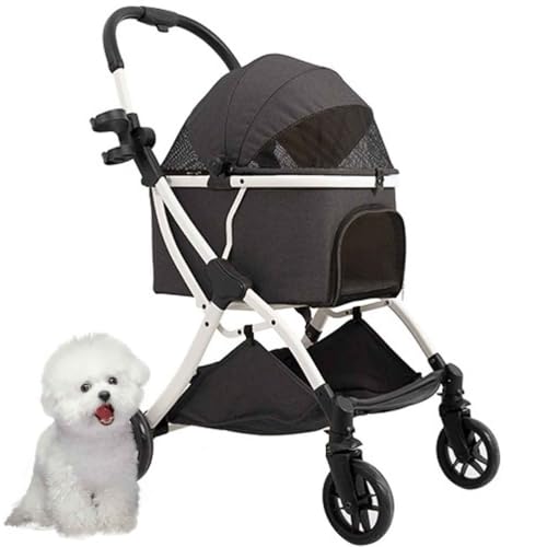 PJDDP Haustier-Kinderwagen, Faltbarer Katzen-Hunde-Kinderwagen, Hundewagen Für Kleine Hunde Mit Aufbewahrungskorb, Sicherheitsleinen, Bis 10Kg,Schwarz von PJDDP