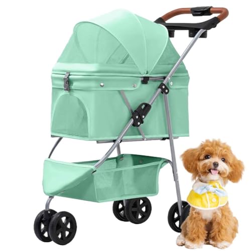 PJDDP Haustier-Kinderwagen, Faltbarer Katzen-Hunde-Kinderwagen Mit Aufbewahrungskorb Und Getränkehalter, 3 Räder, Für Kleine Mittelgroße Hunde,Grün von PJDDP