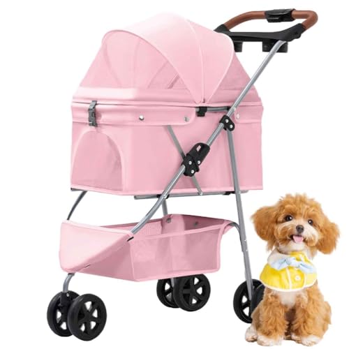 PJDDP Haustier-Kinderwagen, Faltbarer Katzen-Hunde-Kinderwagen Mit Aufbewahrungskorb Und Getränkehalter, 3 Räder, Für Kleine Mittelgroße Hunde,Rosa von PJDDP