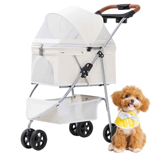 PJDDP Haustier-Kinderwagen, Faltbarer Katzen-Hunde-Kinderwagen Mit Aufbewahrungskorb Und Getränkehalter, 3 Räder, Für Kleine Mittelgroße Hunde,Weiß von PJDDP